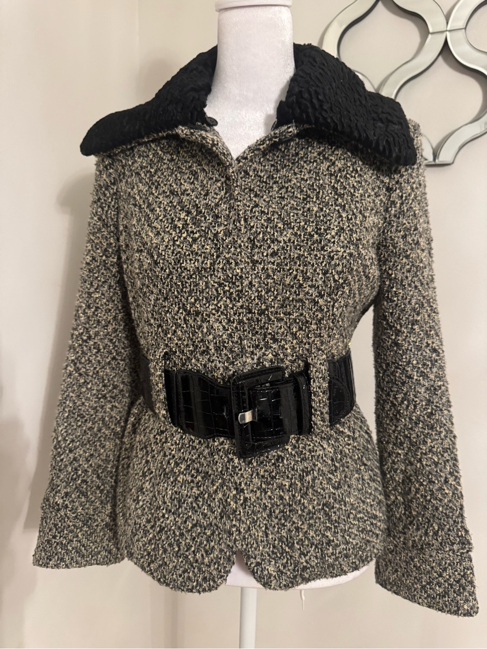 Alfani Black-Collar Bouclé Pea Coat with Patent Belt